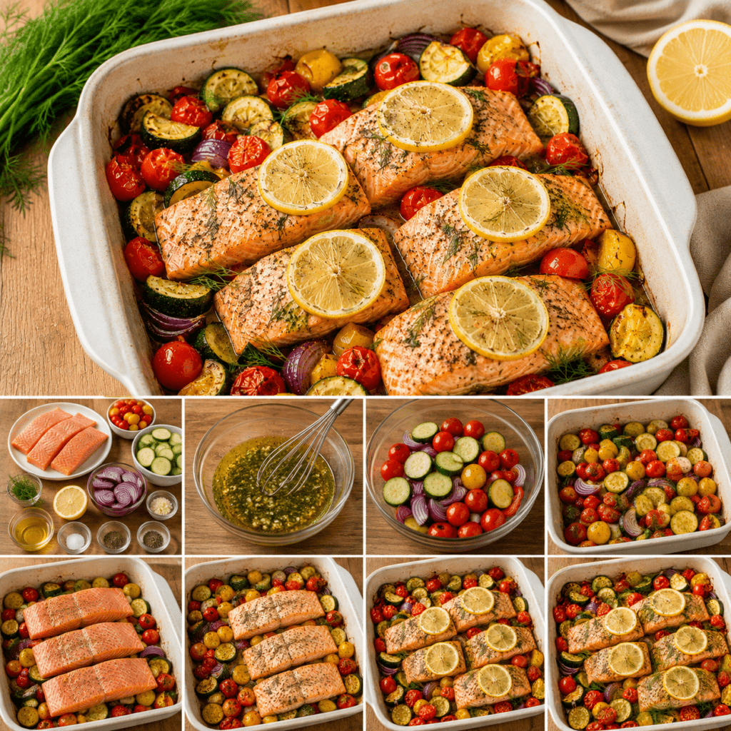 Des pavés de saumon moelleux cuits avec courgette, tomates cerises, citron et aneth dans un même plat.