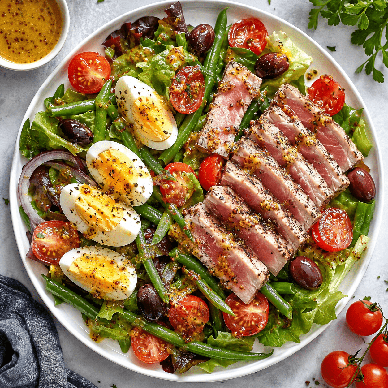Salade niçoise moderne composée de tranches de thon grillé rosé, d’œufs durs, de tomates fraîches, de haricots verts croquants et d’olives noires, servie dans une grande assiette avec une vinaigrette à la moutarde.