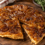 Tarte Tatin salée aux oignons caramélisés, retournée sur une assiette, avec une surface brillante et dorée, une pâte feuilletée croustillante et quelques brins de thym frais.