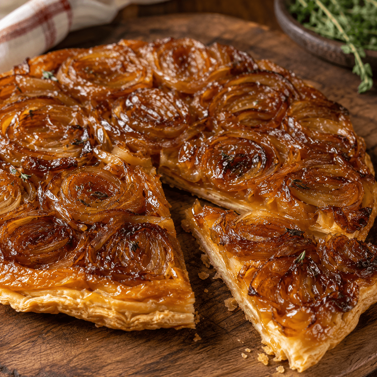 Tarte Tatin salée aux oignons caramélisés, retournée sur une assiette, avec une surface brillante et dorée, une pâte feuilletée croustillante et quelques brins de thym frais.