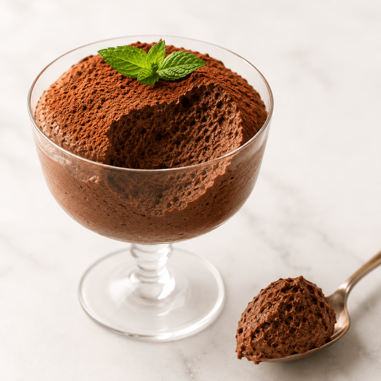 Mousse au chocolat aérienne servie dans des verrines en verre, avec une texture légère et mousseuse, des copeaux de chocolat noir et une fine couche de cacao.