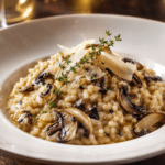 Risotto crémeux aux champignons servi dans une assiette creuse, garni de champignons dorés, de parmesan râpé, de persil frais et de quelques gouttes d’huile de truffe.