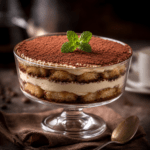 Tiramisu sans œuf cru servi dans un plat rectangulaire, composé de biscuits imbibés de café, de couches épaisses de crème au mascarpone et d’un voile de cacao noir.