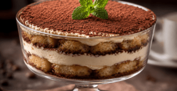 Tiramisu sans œuf cru servi dans un plat rectangulaire, composé de biscuits imbibés de café, de couches épaisses de crème au mascarpone et d’un voile de cacao noir.