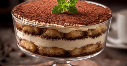 Tiramisu sans œuf cru servi dans un plat rectangulaire, composé de biscuits imbibés de café, de couches épaisses de crème au mascarpone et d’un voile de cacao noir.