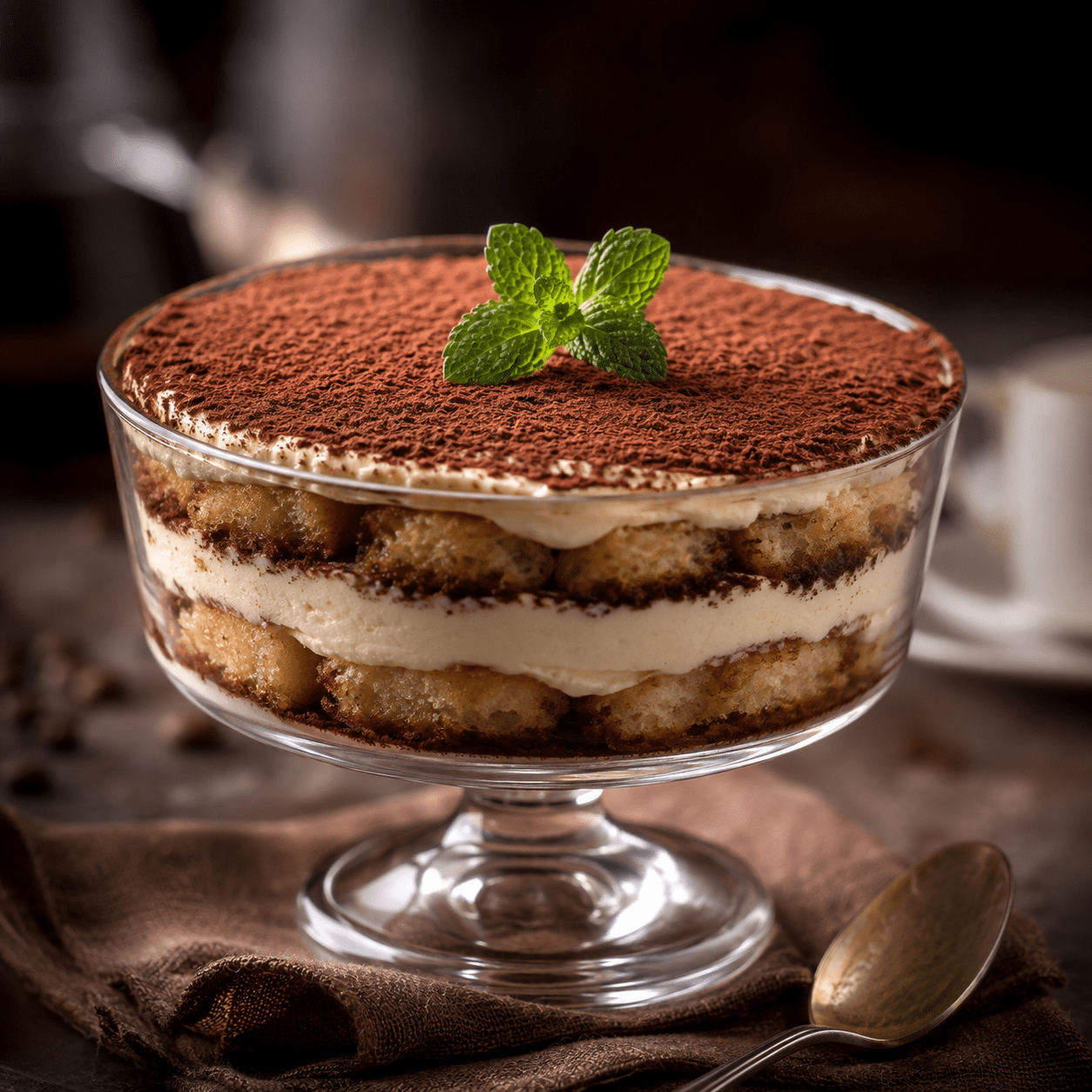 Tiramisu sans œuf cru servi dans un plat rectangulaire, composé de biscuits imbibés de café, de couches épaisses de crème au mascarpone et d’un voile de cacao noir.