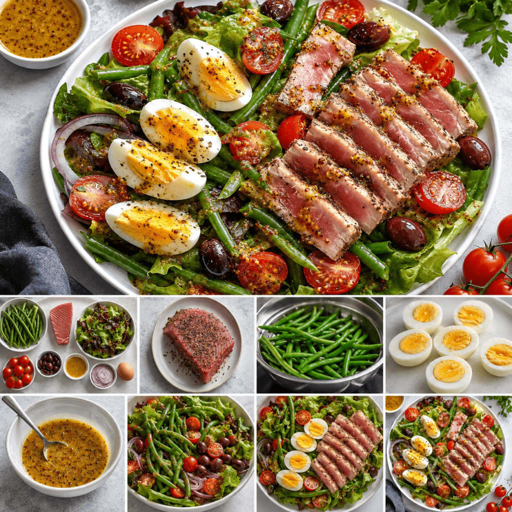Salade niçoise moderne composée de tranches de thon grillé rosé, d’œufs durs, de tomates fraîches, de haricots verts croquants et d’olives noires, servie dans une grande assiette avec une vinaigrette à la moutarde.