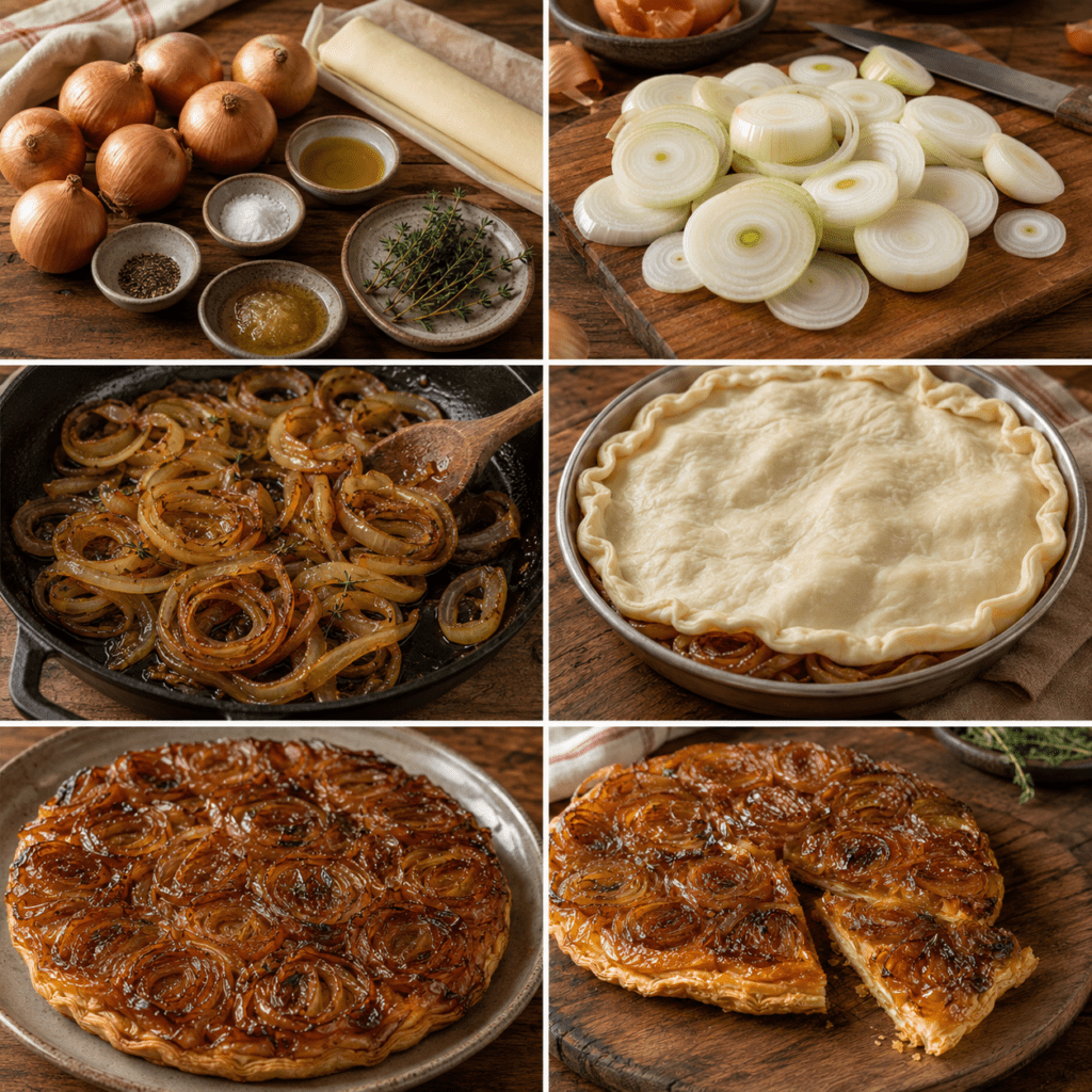 Tarte Tatin salée aux oignons caramélisés, retournée sur une assiette, avec une surface brillante et dorée, une pâte feuilletée croustillante et quelques brins de thym frais.
