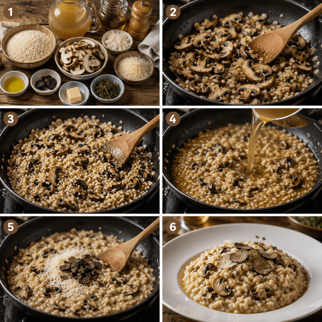 Risotto crémeux aux champignons servi dans une assiette creuse, garni de champignons dorés, de parmesan râpé, de persil frais et de quelques gouttes d’huile de truffe.