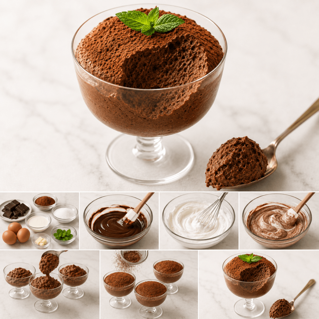 Mousse au chocolat aérienne servie dans des verrines en verre, avec une texture légère et mousseuse, des copeaux de chocolat noir et une fine couche de cacao.
