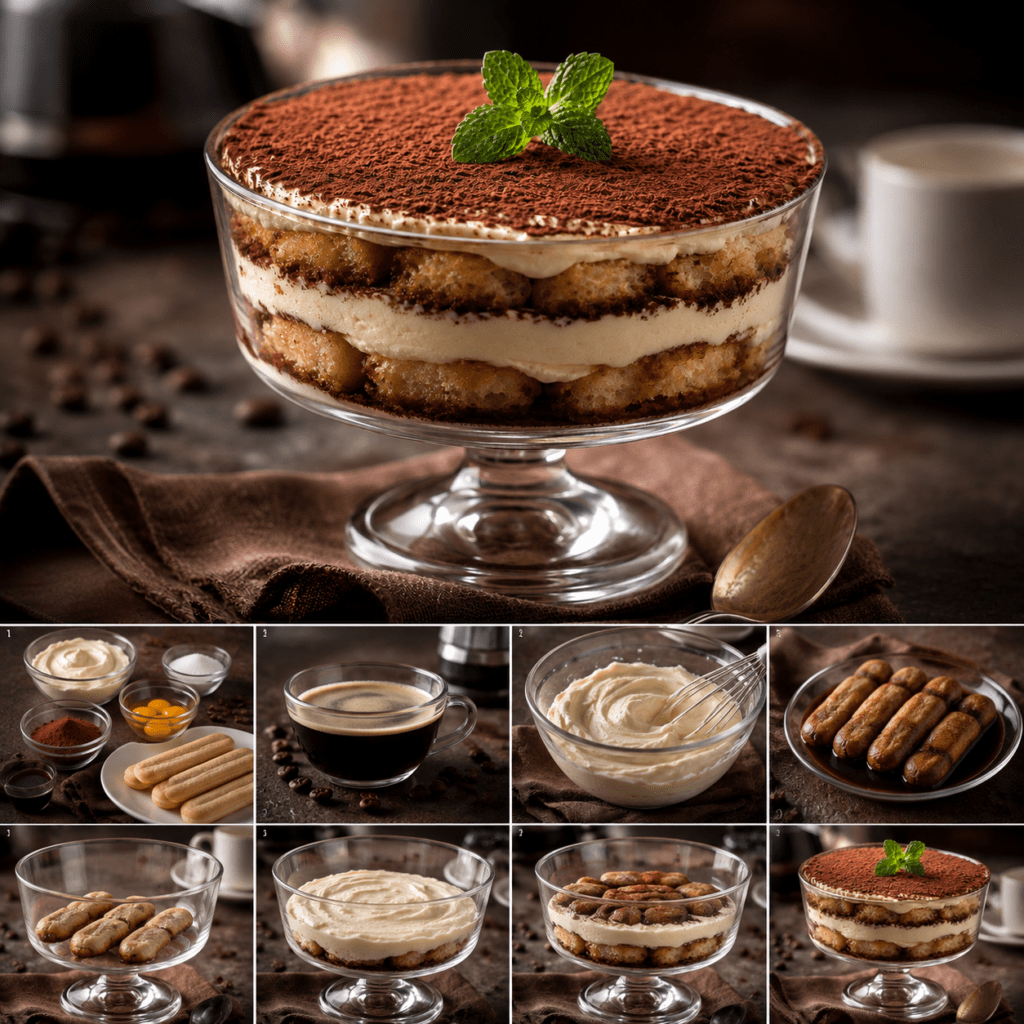 Tiramisu sans œuf cru servi dans un plat rectangulaire, composé de biscuits imbibés de café, de couches épaisses de crème au mascarpone et d’un voile de cacao noir.