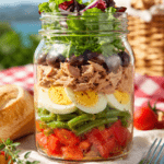 Salade niçoise présentée dans un grand bocal en verre transparent, avec vinaigrette au fond, haricots verts, tomates, pommes de terre, thon, œufs durs, olives noires et salade verte disposés en couches colorées.