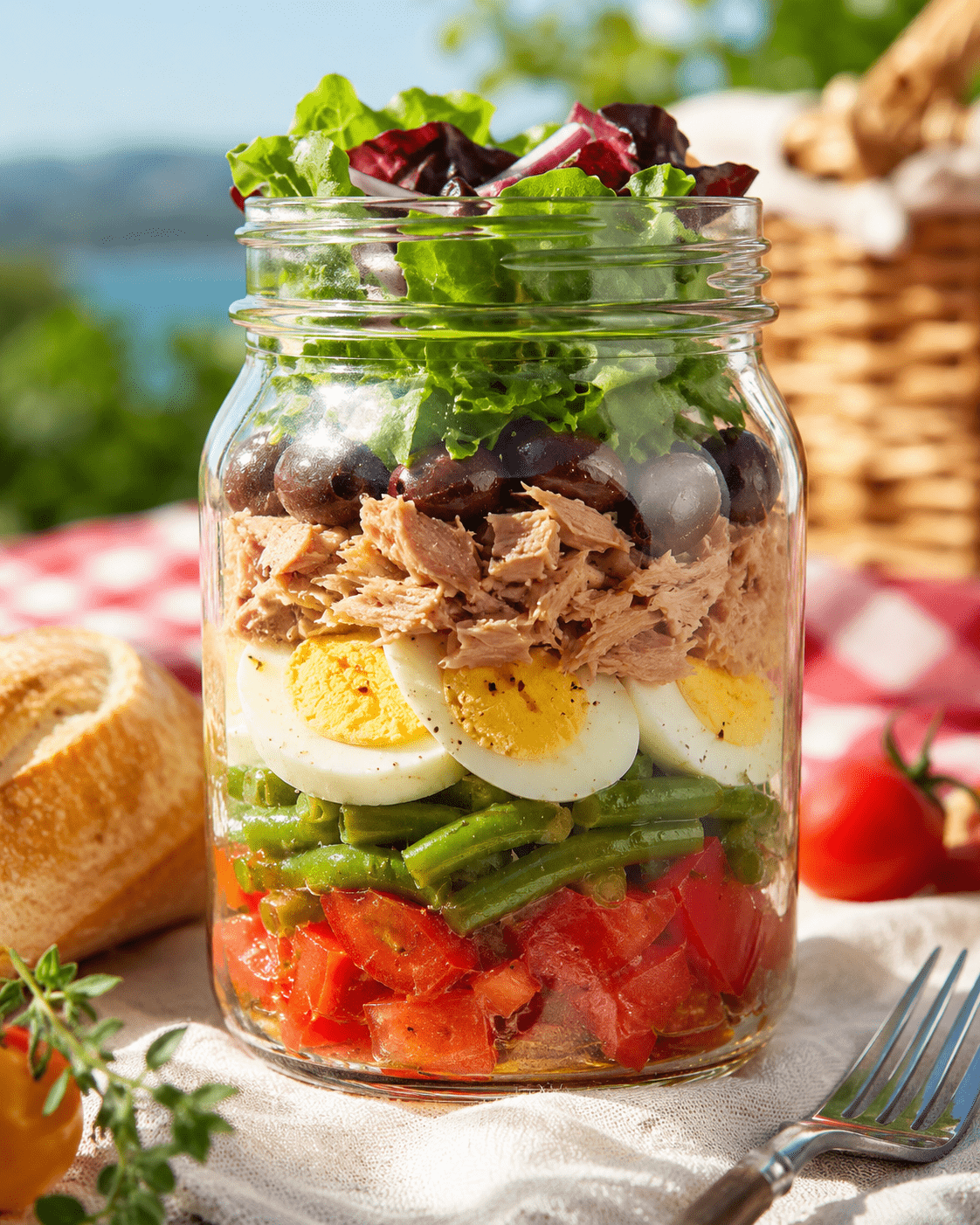 Salade niçoise présentée dans un grand bocal en verre transparent, avec vinaigrette au fond, haricots verts, tomates, pommes de terre, thon, œufs durs, olives noires et salade verte disposés en couches colorées.