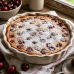 Clafoutis traditionnel aux cerises entières cuit dans un plat en céramique, avec une surface ferme et dorée, des fruits rouges visibles et un léger voile de sucre glace.