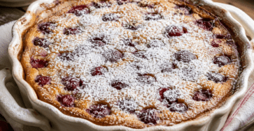 Clafoutis traditionnel aux cerises entières cuit dans un plat en céramique, avec une surface ferme et dorée, des fruits rouges visibles et un léger voile de sucre glace.