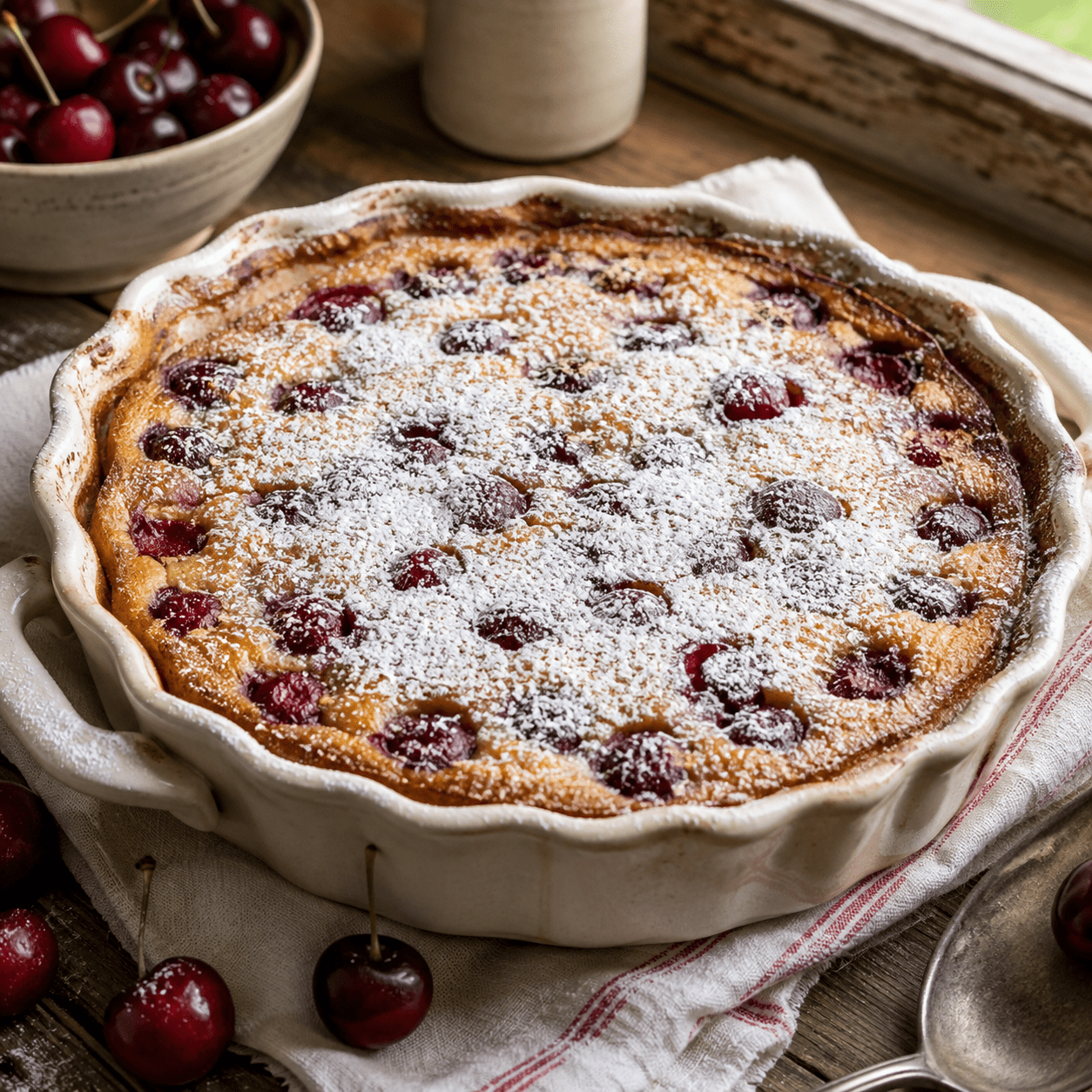 Clafoutis traditionnel aux cerises entières cuit dans un plat en céramique, avec une surface ferme et dorée, des fruits rouges visibles et un léger voile de sucre glace.