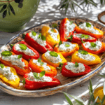 Mini-poivrons rouges, jaunes et orange coupés en deux, garnis d’une farce crémeuse au fromage de brousse, à la menthe fraîche et au citron, présentés sur un plat d’apéritif.