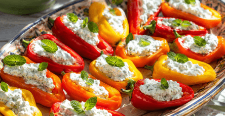 Mini-poivrons rouges, jaunes et orange coupés en deux, garnis d’une farce crémeuse au fromage de brousse, à la menthe fraîche et au citron, présentés sur un plat d’apéritif.