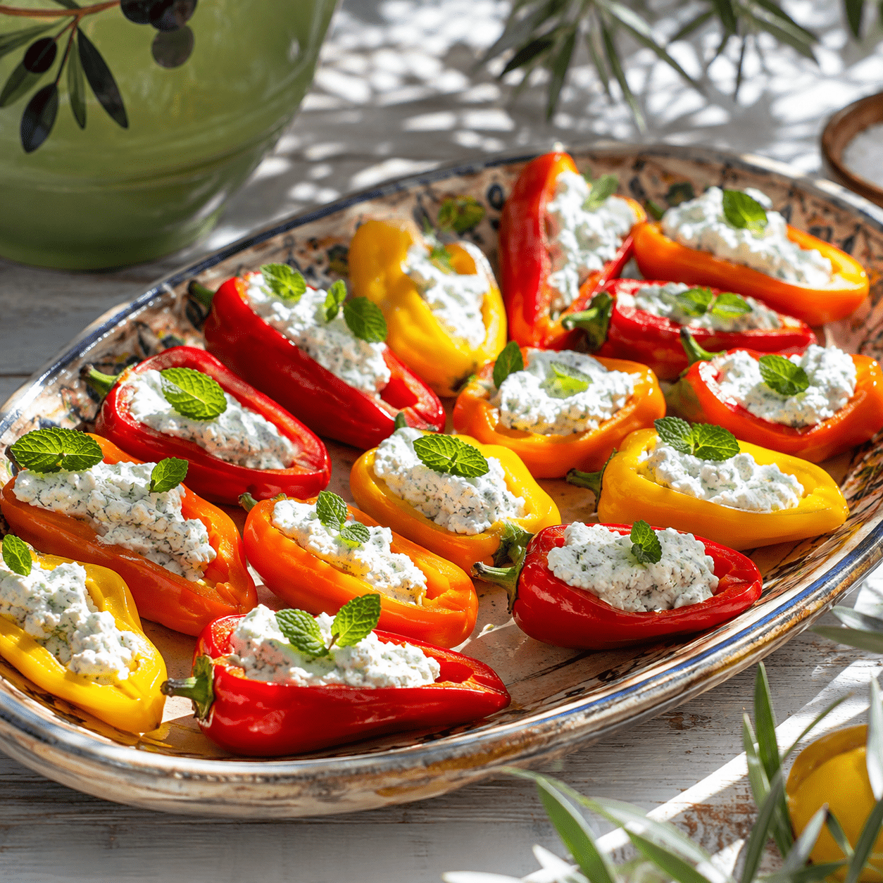 Mini-poivrons rouges, jaunes et orange coupés en deux, garnis d’une farce crémeuse au fromage de brousse, à la menthe fraîche et au citron, présentés sur un plat d’apéritif.