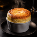 Soufflé au fromage express servi dans des ramequins individuels, très gonflé au-dessus des bords, avec une surface dorée et un intérieur léger et crémeux.