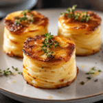 Gratins dauphinois individuels démoulés et servis en petites piles, composés de fines rondelles de pommes de terre fondantes à la crème, avec des bords dorés et croustillants.