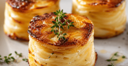 Gratins dauphinois individuels démoulés et servis en petites piles, composés de fines rondelles de pommes de terre fondantes à la crème, avec des bords dorés et croustillants.
