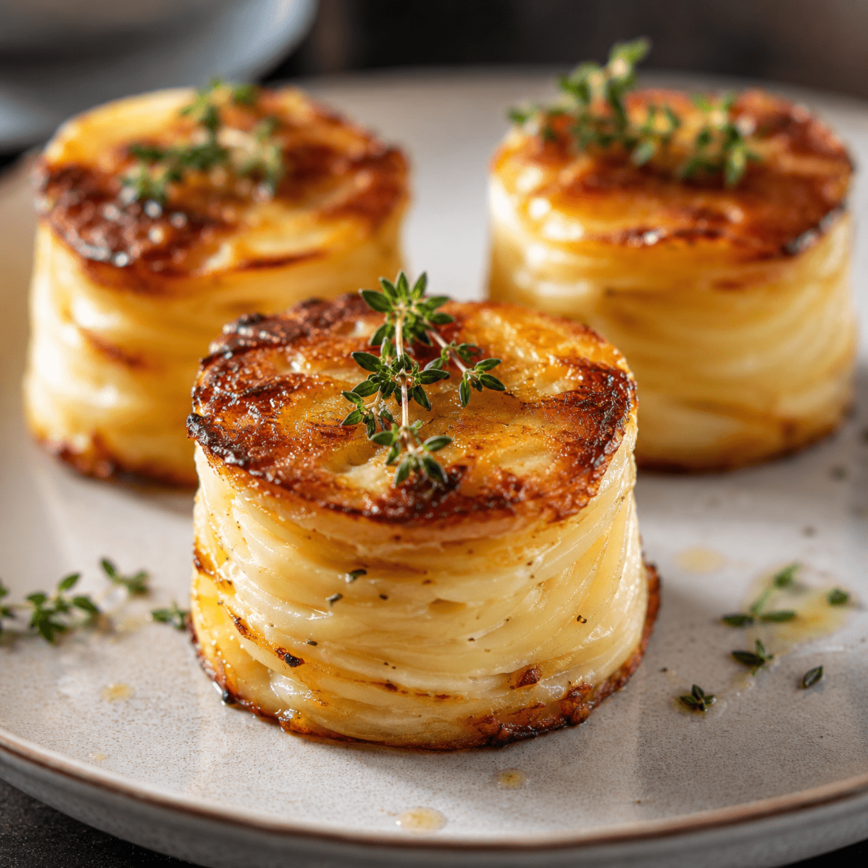 Gratins dauphinois individuels démoulés et servis en petites piles, composés de fines rondelles de pommes de terre fondantes à la crème, avec des bords dorés et croustillants.