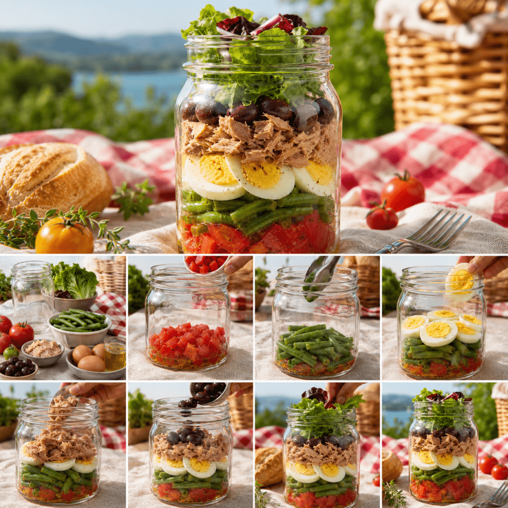 Salade niçoise présentée dans un grand bocal en verre transparent, avec vinaigrette au fond, haricots verts, tomates, pommes de terre, thon, œufs durs, olives noires et salade verte disposés en couches colorées.
