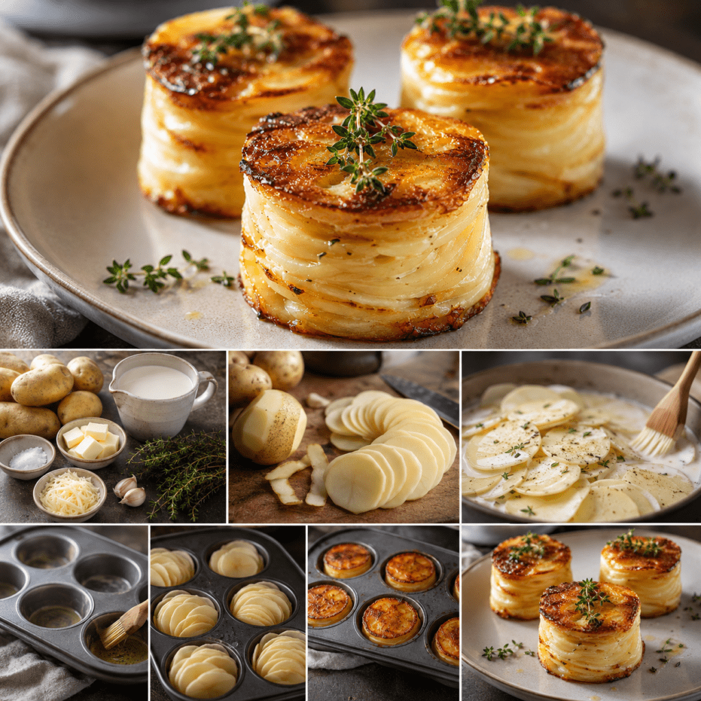 Gratins dauphinois individuels démoulés et servis en petites piles, composés de fines rondelles de pommes de terre fondantes à la crème, avec des bords dorés et croustillants.