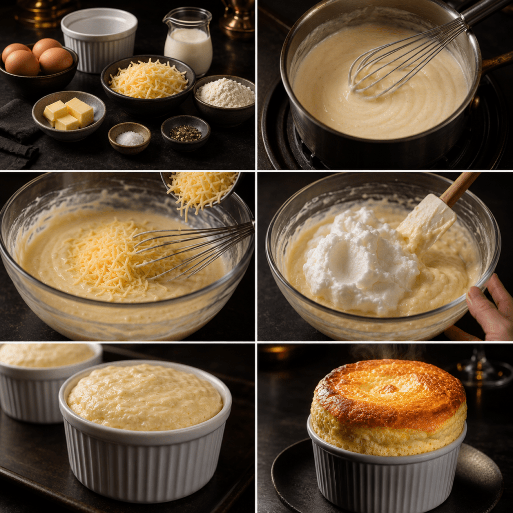 Soufflé au fromage express servi dans des ramequins individuels, très gonflé au-dessus des bords, avec une surface dorée et un intérieur léger et crémeux.