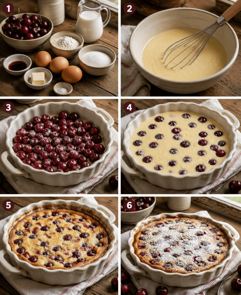 Clafoutis traditionnel aux cerises entières cuit dans un plat en céramique, avec une surface ferme et dorée, des fruits rouges visibles et un léger voile de sucre glace.