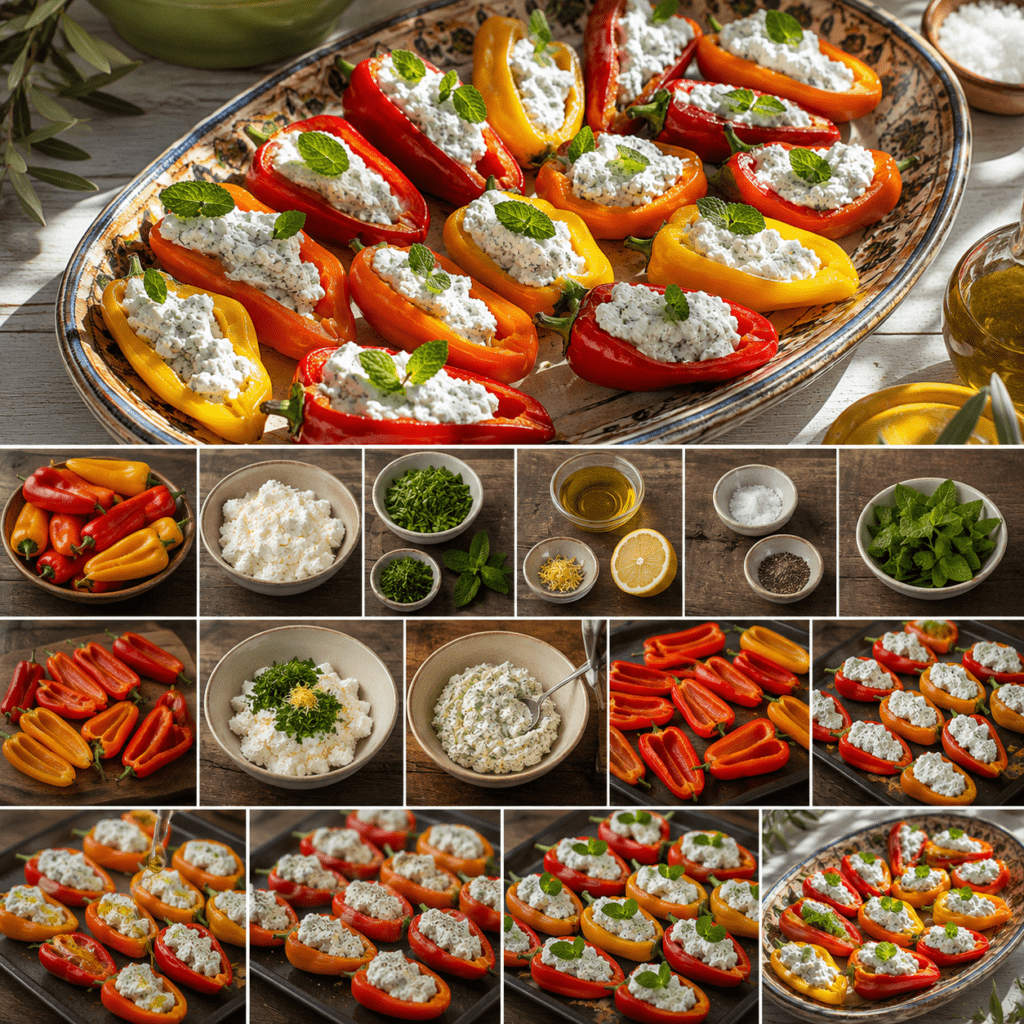 Mini-poivrons rouges, jaunes et orange coupés en deux, garnis d’une farce crémeuse au fromage de brousse, à la menthe fraîche et au citron, présentés sur un plat d’apéritif.