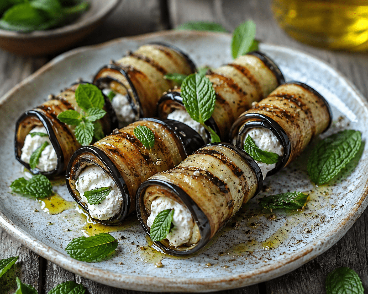 Roulés d’aubergine grillée garnis de ricotta crémeuse et de menthe fraîche, disposés sur une assiette en céramique avec de l’huile d’olive et du citron.