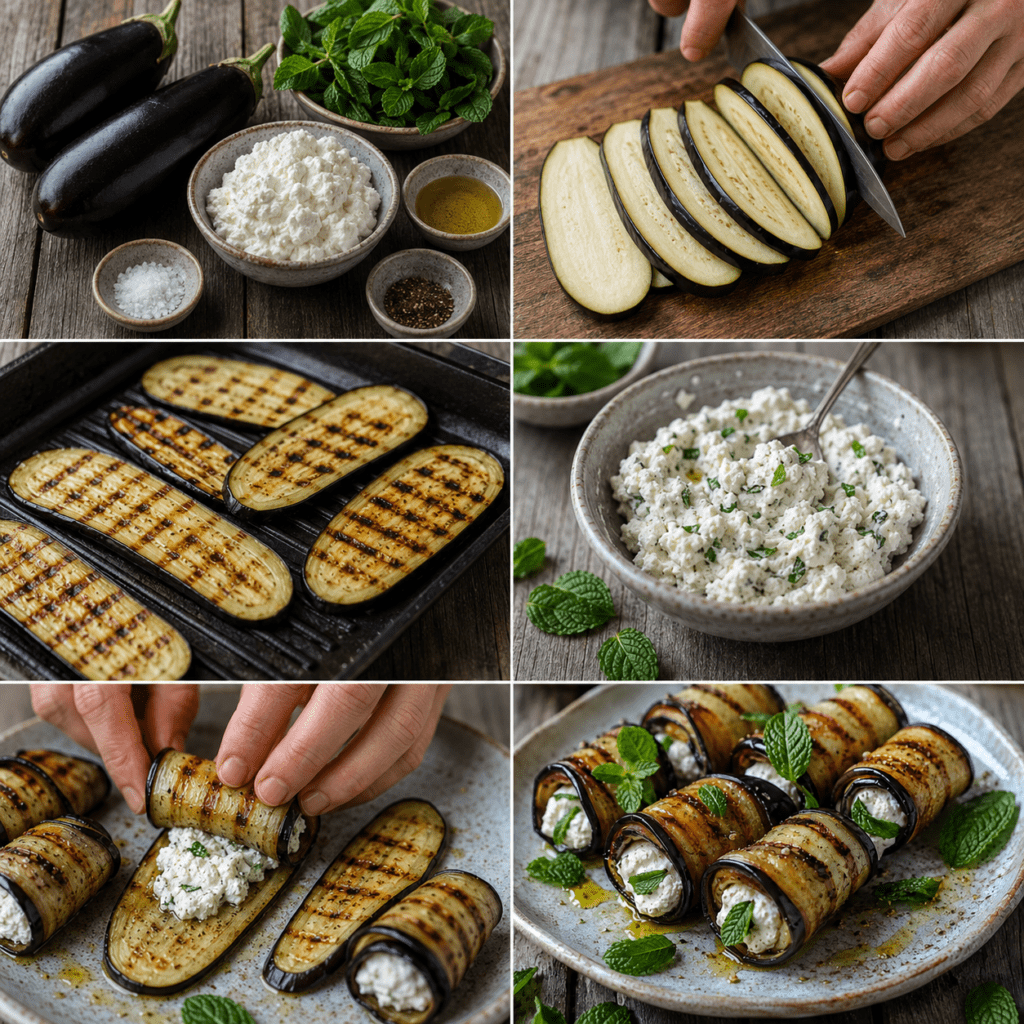 Roulés d’aubergine grillée garnis de ricotta crémeuse et de menthe fraîche, disposés sur une assiette en céramique avec de l’huile d’olive et du citron.