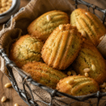 Madeleines salées au pesto bien dorées, avec une bosse régulière, décorées de pignons de pin et de basilic frais sur une planche apéritive.