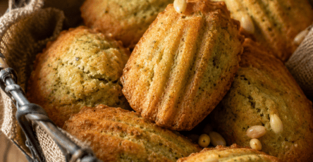 Madeleines salées au pesto bien dorées, avec une bosse régulière, décorées de pignons de pin et de basilic frais sur une planche apéritive.