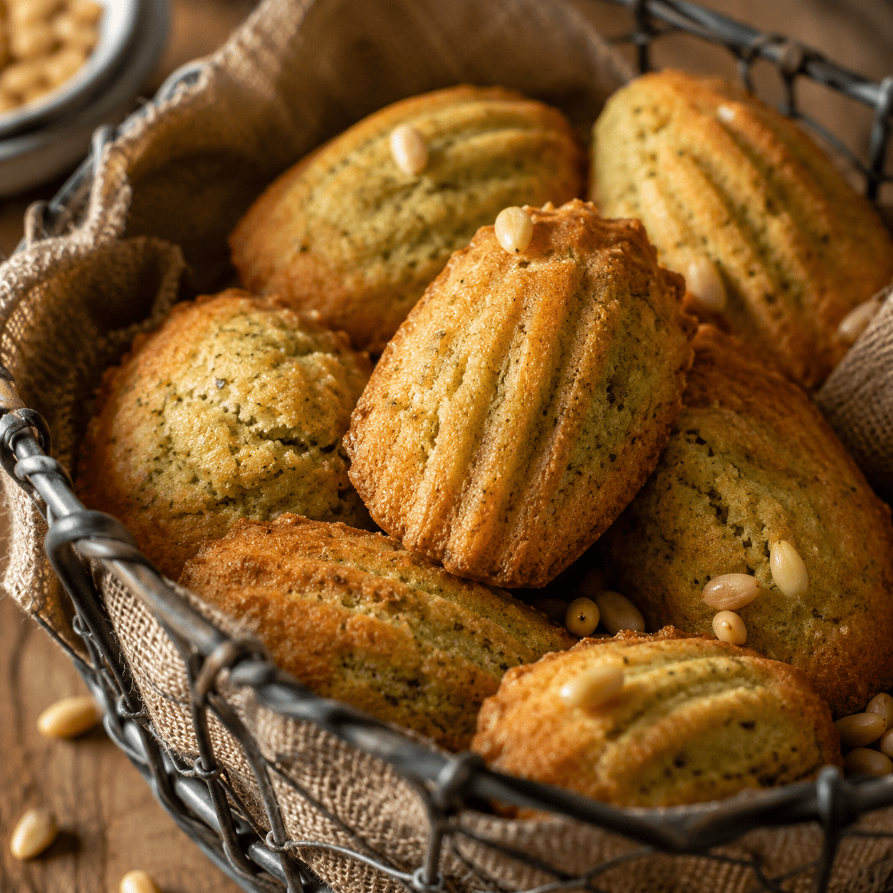 Madeleines salées au pesto bien dorées, avec une bosse régulière, décorées de pignons de pin et de basilic frais sur une planche apéritive.
