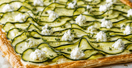 Tarte fine rectangulaire en pâte feuilletée garnie de ricotta et de fines rondelles de courgettes disposées en écailles, dorées sur les bords et parfumées aux herbes.