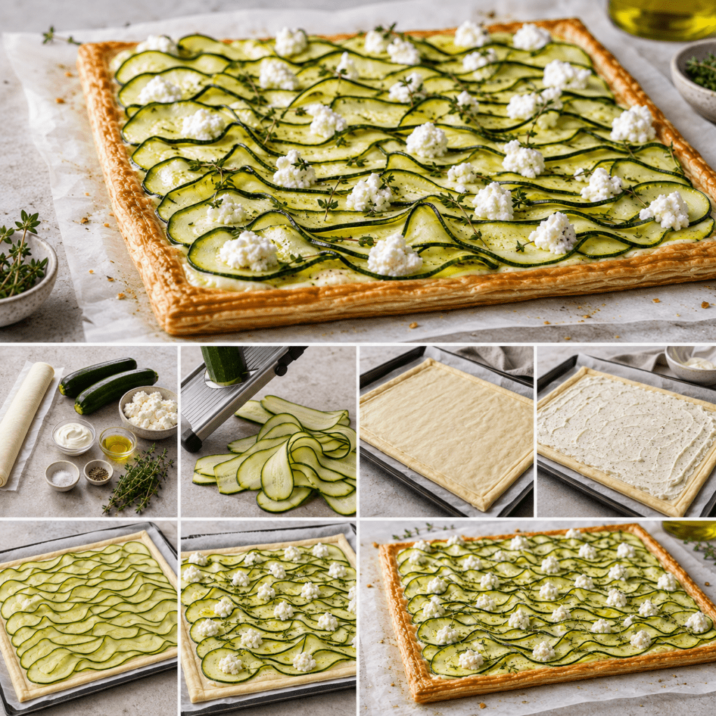 Tarte fine rectangulaire en pâte feuilletée garnie de ricotta et de fines rondelles de courgettes disposées en écailles, dorées sur les bords et parfumées aux herbes.