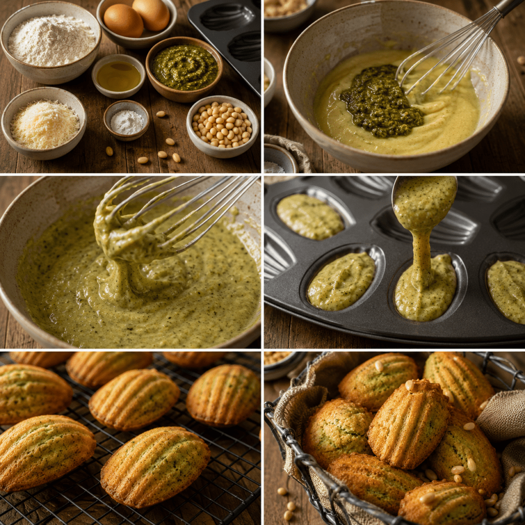 Madeleines salées au pesto bien dorées, avec une bosse régulière, décorées de pignons de pin et de basilic frais sur une planche apéritive.