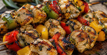 Brochettes de poulet au miel bien dorées et légèrement caramélisées, parfumées aux herbes de Provence, servies avec du citron et des légumes grillés.