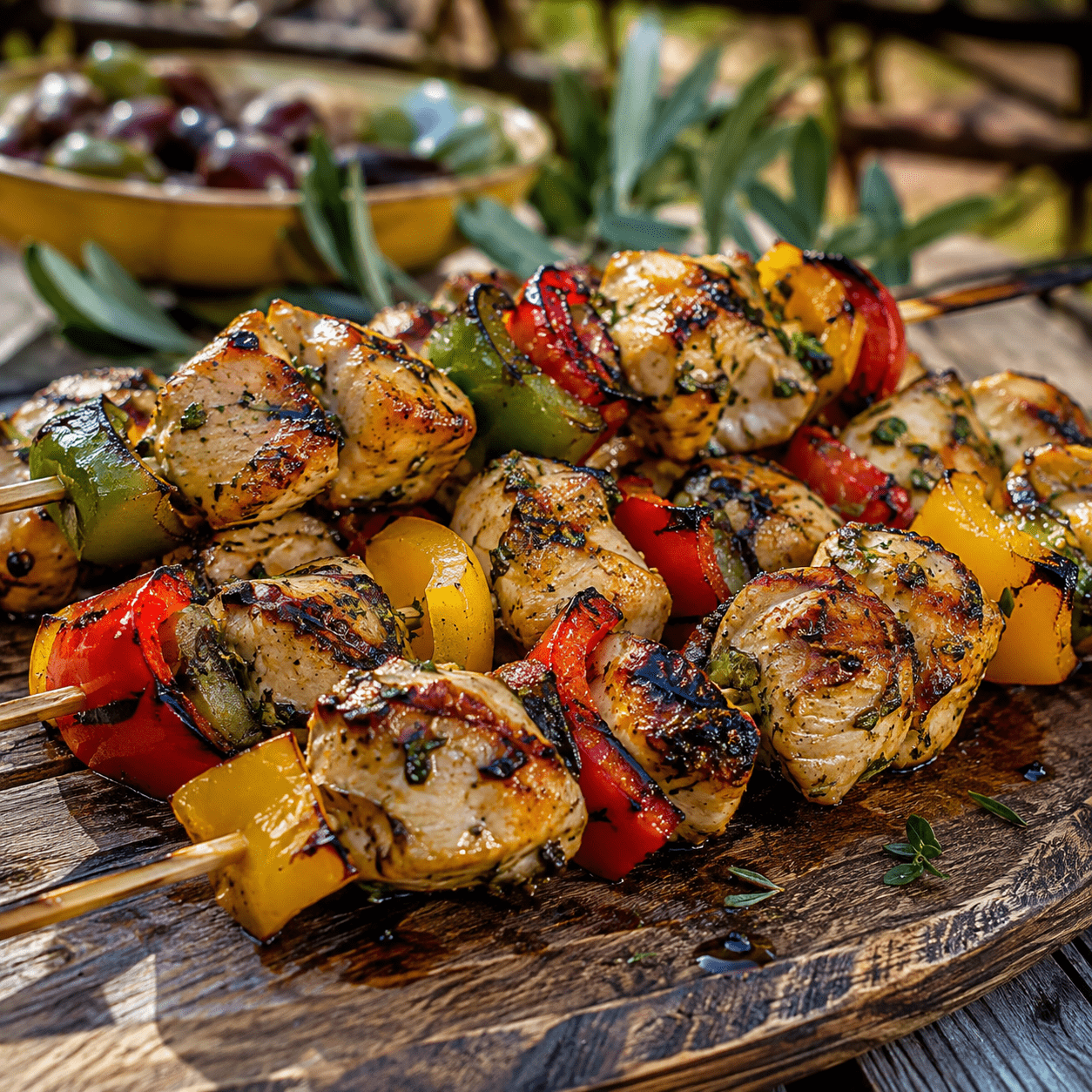 Brochettes de poulet au miel bien dorées et légèrement caramélisées, parfumées aux herbes de Provence, servies avec du citron et des légumes grillés.