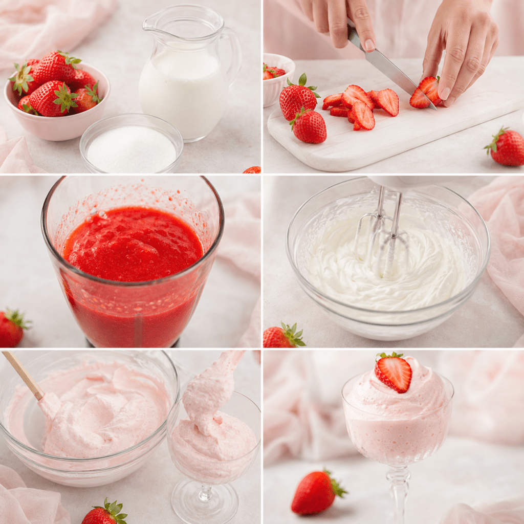 Mousse à la fraise rose pâle servie dans des verrines, à la texture très aérienne, décorée de fraises fraîches et de quelques copeaux de fruit.