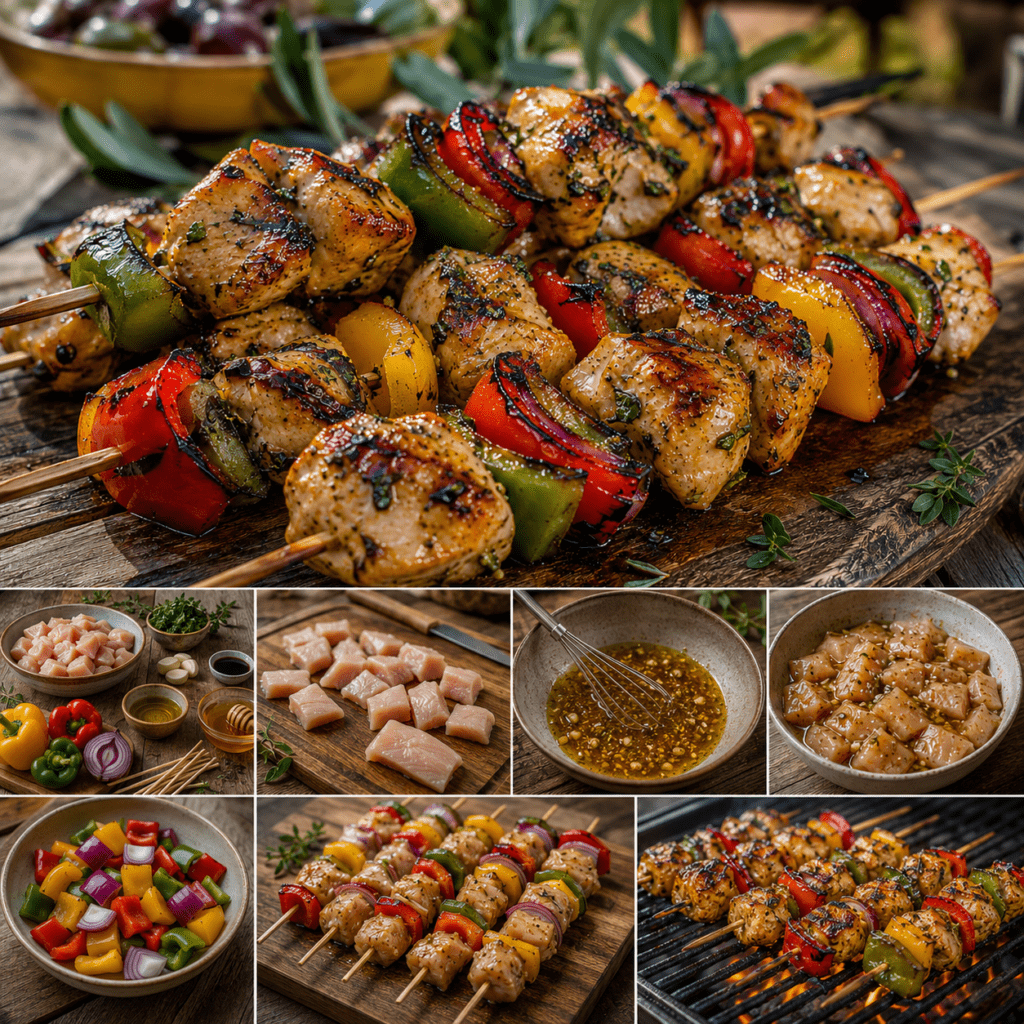 Brochettes de poulet au miel bien dorées et légèrement caramélisées, parfumées aux herbes de Provence, servies avec du citron et des légumes grillés.