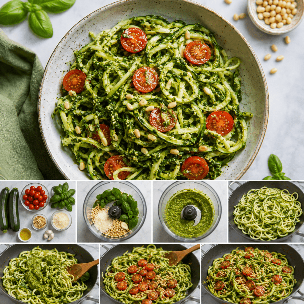 Spaghetti de courgette crue enrobés de pesto vert maison, garnis de tomates cerises colorées, de pignons grillés, de parmesan et de basilic frais.