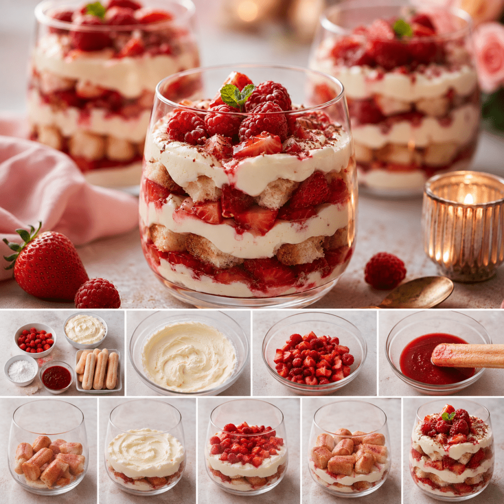 Verrines façon tiramisu composées de couches de biscuits à la cuillère, de crème mascarpone blanche et de fruits rouges frais, décorées de framboises et de menthe.