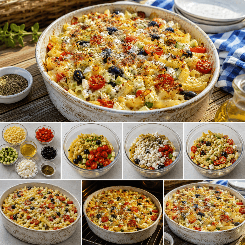Gratin froid de pâtes courtes à la grecque garni de feta légèrement dorée, tomates cerises, olives noires, concombre frais et herbes méditerranéennes.