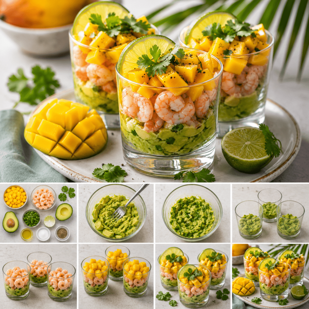 Verrines apéritives composées de couches colorées d’avocat vert, de mangue jaune et de crevettes roses, garnies de coriandre et de citron vert.