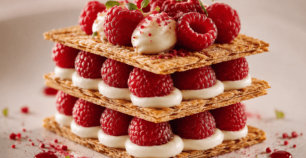 Mille-feuille minute composé de biscuits sablés rectangulaires, de crème mascarpone pochée et de framboises fraîches, décoré de sucre glace.