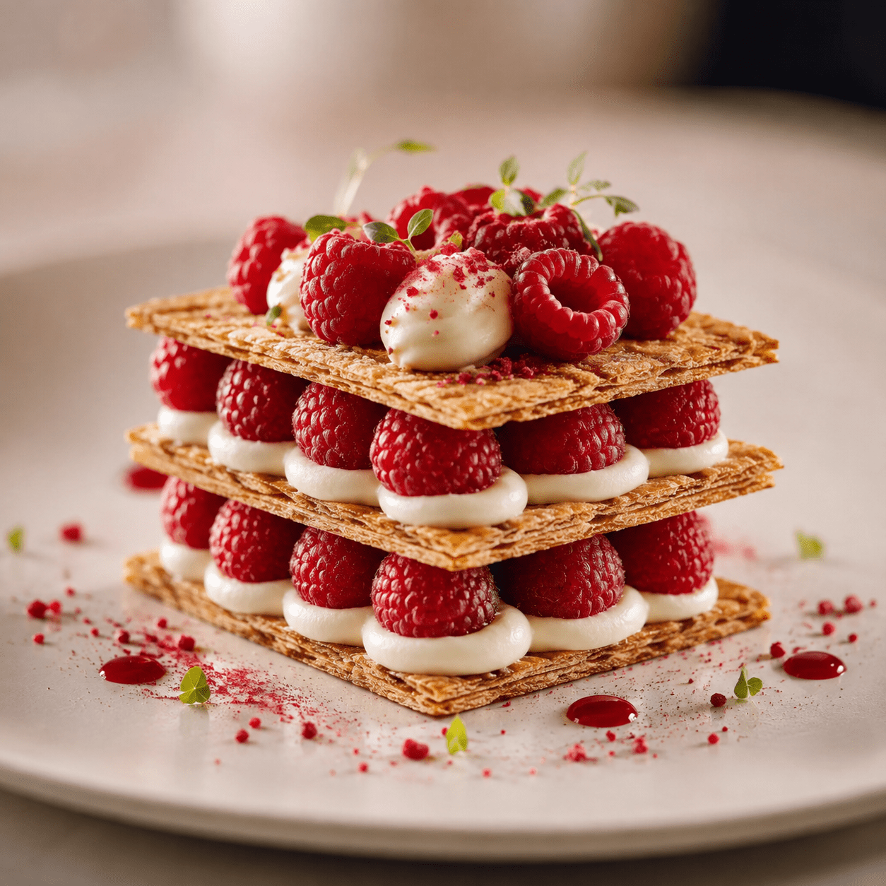 Mille-feuille minute composé de biscuits sablés rectangulaires, de crème mascarpone pochée et de framboises fraîches, décoré de sucre glace.